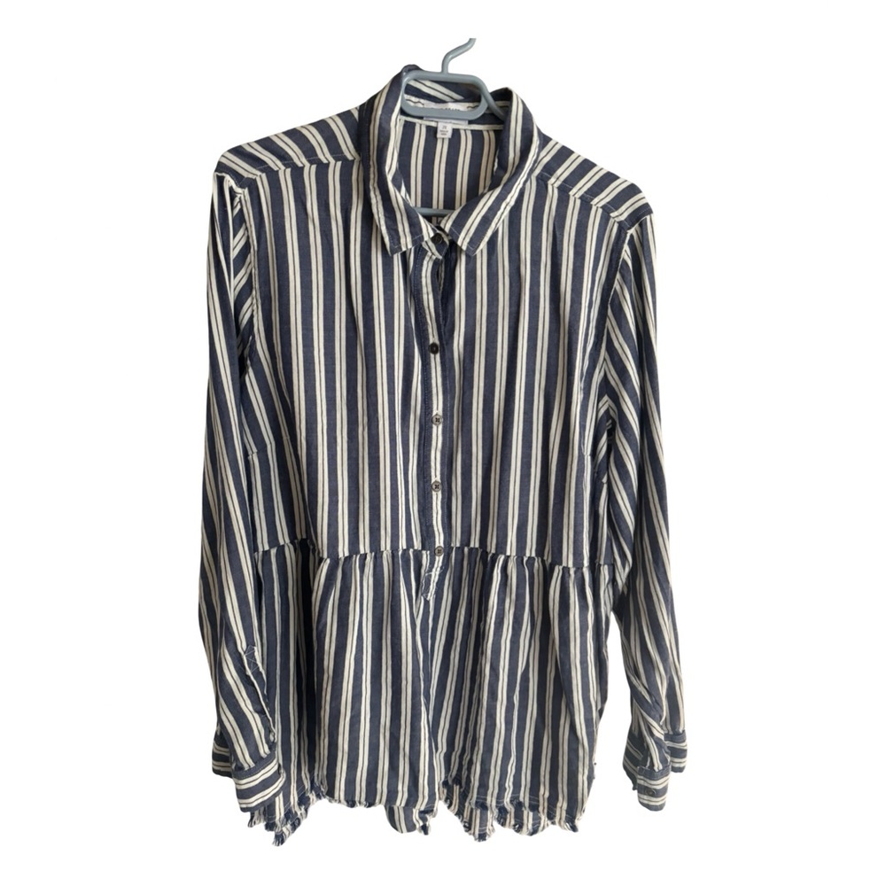 True Craft Striped Button-Up Peplum Shirt in Boho Navy & White Size 2XL